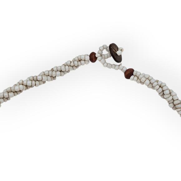 Boho Abalone Mosaic Teardrop Pendant Necklace – White Beaded Rope - Picture 5 of 10